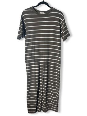 AYR Striped Cotton T-Shirt Midi Dress Olive White Short Sleeve Side Slit Sz S